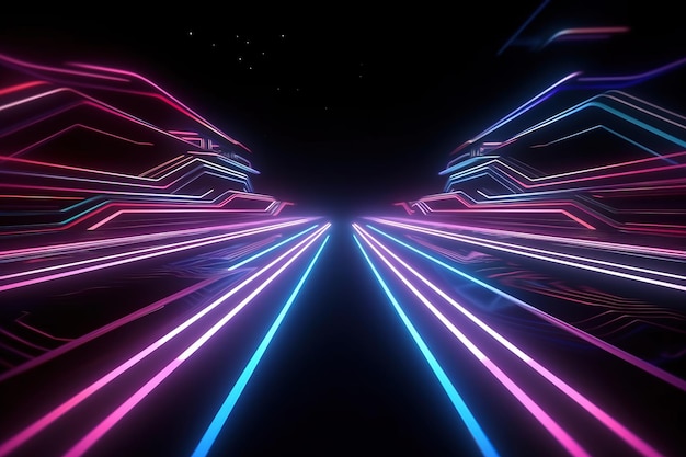 Абстрактная 3D-рендеринг с розовыми и голубыми неоновыми линиями, светящимися в темноте Цифровые УФ-обои