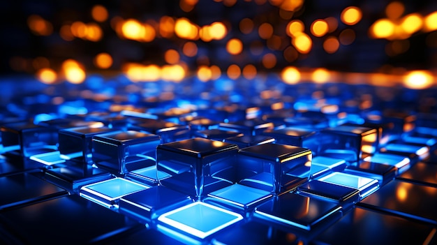 Abstract 3d rendering acrylic of blue hexagons with glowing golden lights background