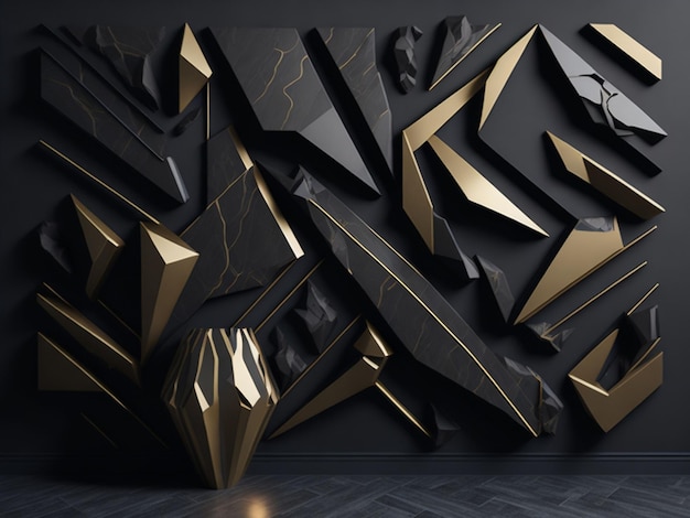 Abstract 3d rendering of black and golden geometric shapes on a dark wall Digital art for wall decor