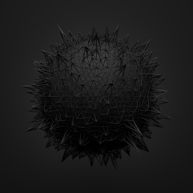 Abstract 3d rendering of black sphere with chaotic structure Dark background