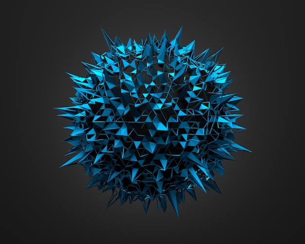 Abstract 3d rendering of blue chaotic structure. Dark sphere with wireframe. Futuristic shape.