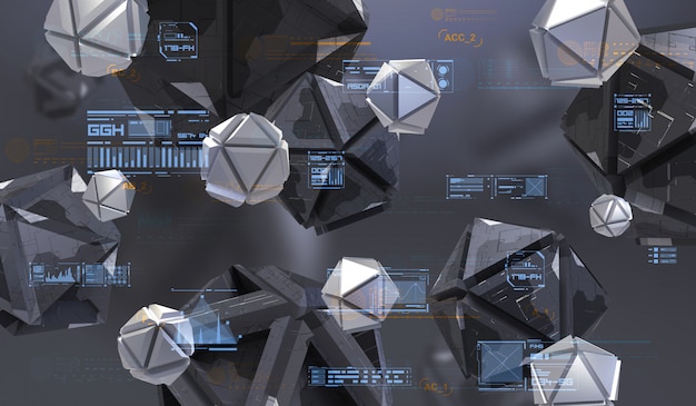 Abstract 3d rendering of chaotic geometric shapes. Futuristic composition with tech abstract elements.