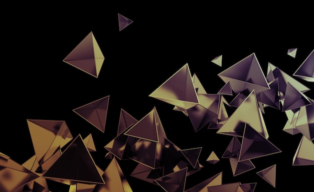 混沌とした低ポリ形状の抽象的な3Dレンダリング空の空間で飛んでいる多角形のピラミッド未来的な背景ポスターデザイン