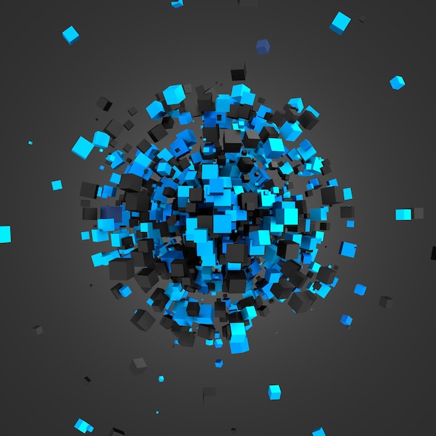 Abstract 3d rendering of chaotic particles. Futuristic cubes in empty space. Sci-fi background.