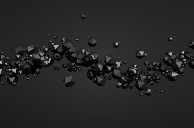 Abstract 3d rendering of chaotic particles. Polygonal spheres in empty space. Futuristic background.