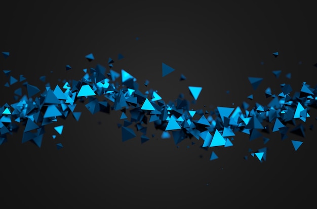 Abstract 3d rendering of chaotic particles. Sci fi pyramids in empty space. Futuristic background.