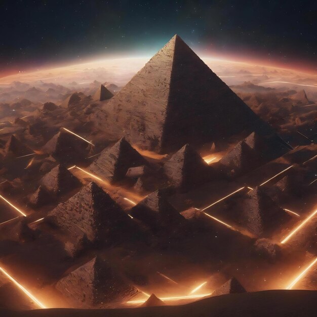 Abstract 3d rendering of chaotic particles sci fi pyramids in empty space futuristic background