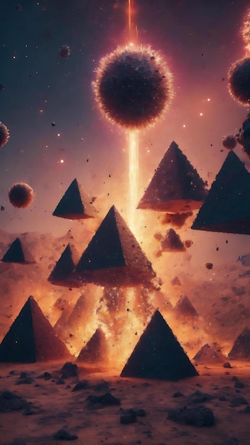 Abstract 3d rendering of chaotic particles sci fi pyramids in empty space futuristic background