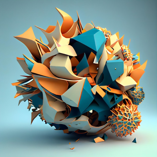 Abstract 3d rendering of chaotic polygonal object in blue and orange colors