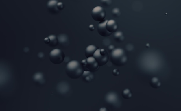 abstract 3d rendering of chaotic spheres flying particles in empty space dynamic shape futuristic background with bokeh depth of field effect