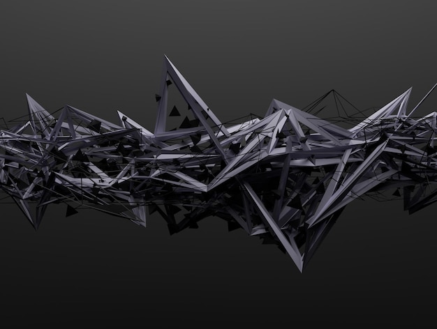 Abstract 3d rendering of chaotic structure. Dark background with futuristic shape in empty space.