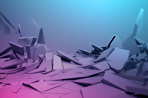 Abstract 3d rendering of cracked surface. Background with broken shape. Wall destruction. Bursting with debris. Modern cgi illustration.