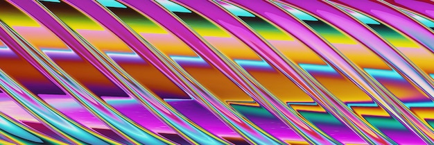 Abstract 3d rendering of diagonal shapes in panoramic format and holographic colors