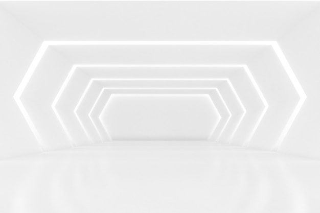 壁に光のある空の未来的なトンネル部屋の抽象的な3Dレンダリング。サイエンスフィクションの概念。
