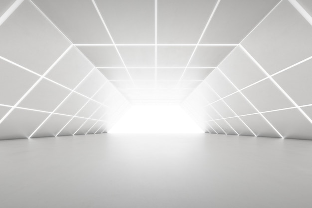 벽에 빛이 있는 빈 미래 터널 룸의 추상 3d 렌더링. 공상 과학 개념입니다.