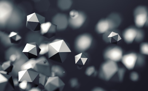 Abstract 3D Rendering of Flying Polygonal Spheres