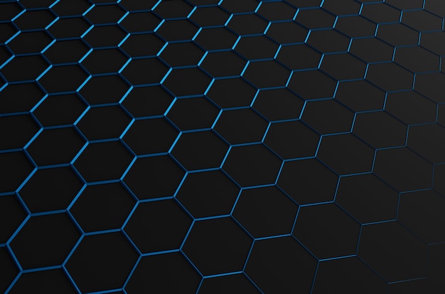 Abstract 3d rendering of futuristic surface with blue hexagons. Black sci-fi background.