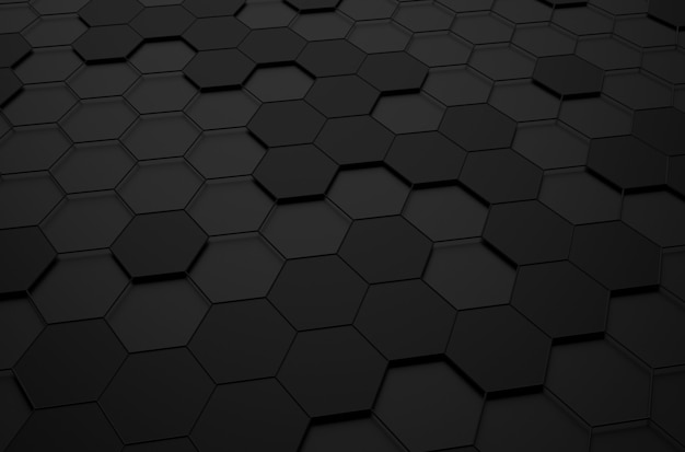 Abstract 3d rendering of futuristic surface with hexagons. Black sci-fi background.