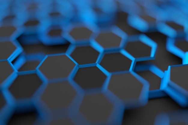 Abstract 3d rendering of futuristic surface with hexagons. Contemporary sci-fi background with bokeh effect. Poster design.