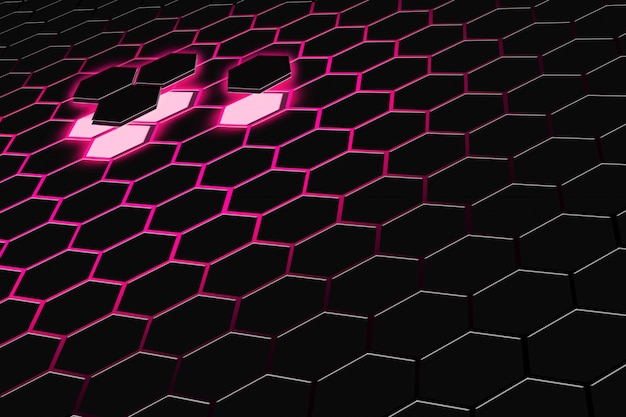 Abstract 3d rendering of futuristic surface with hexagons. Dark red sci-fi background.