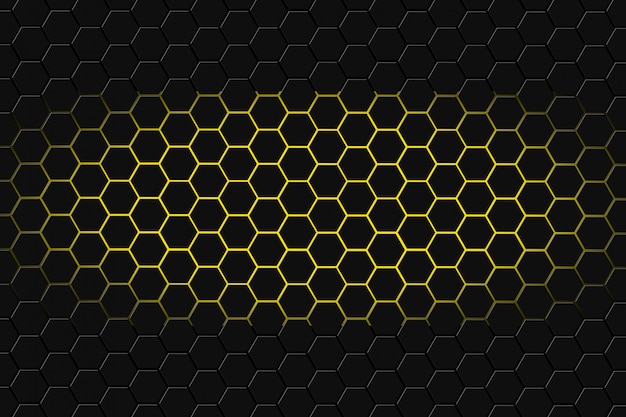 Abstract 3d rendering of futuristic surface with hexagons. Dark yellowsci-fi background.