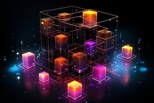 Photo abstract 3d rendering of glowing cubes in a grid structure with bright colors and shiny reflections