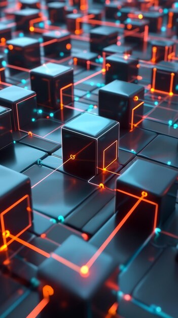 Abstract 3D rendering of glowing orange and blue cubes with circuit board pattern