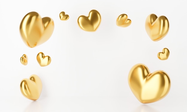 Photo abstract 3d rendering of gold heart falling isolated on white background.