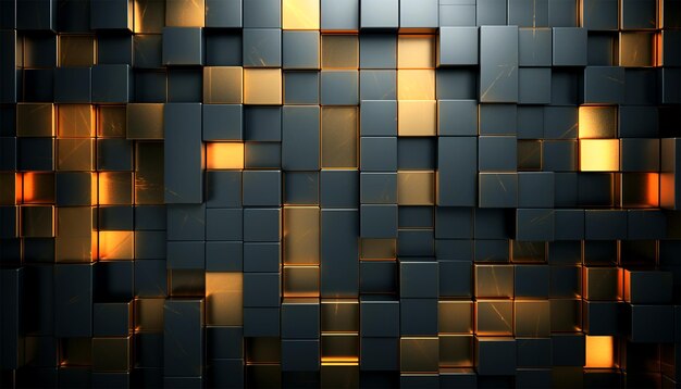 Abstract 3d rendering of golden and black cubes Futuristic background with glowing cubes