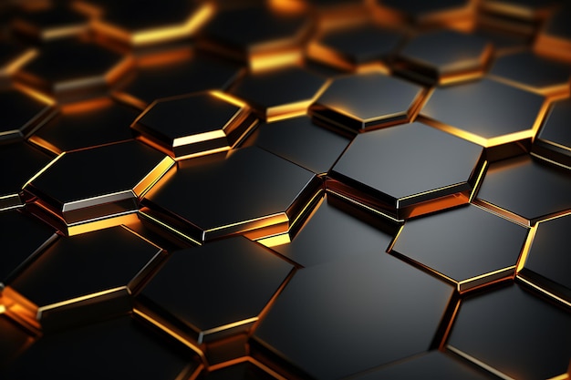 Abstract 3d rendering of hexagonal background with glowing golden particles