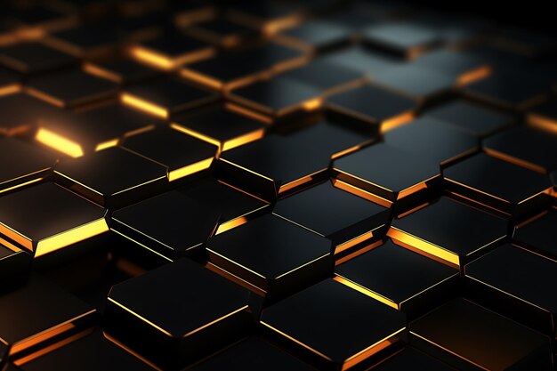 Abstract 3d rendering of hexagonal background with glowing golden particles