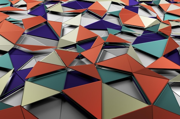 Abstract 3d rendering of low poly colored surface. Background with futuristic shapes.