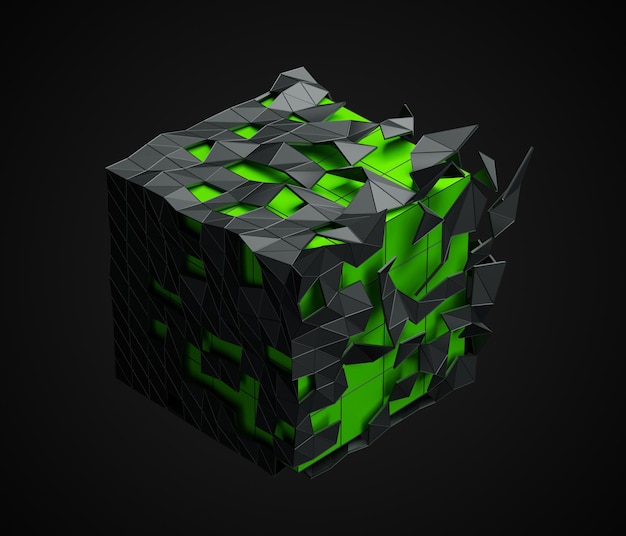 Абстрактное 3D-рендеринг низкополигонального куба с хаотической структурой. Научно-фантастический фон с многоугольной формой в пустом пространстве. Футуристический дизайн.