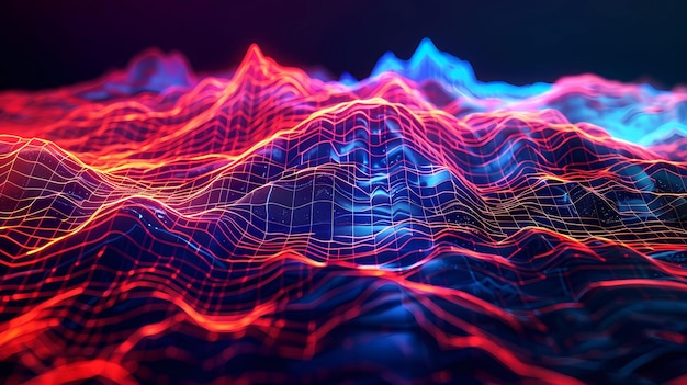 赤と青のワイヤフレームグリッドの抽象的な3Dレンダリング 動的波の未来的な背景