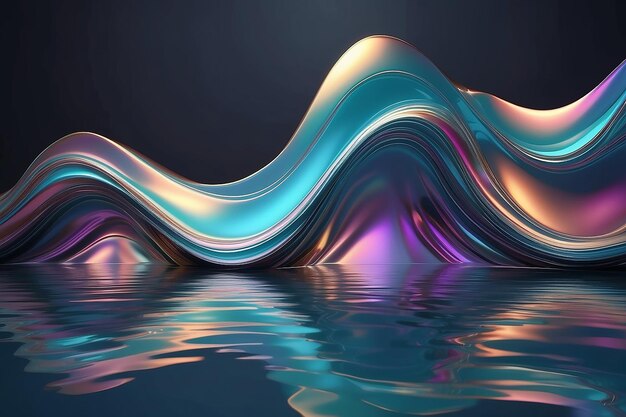 abstract 3d rendering wavy iridescent metallic shape above the water with reflection Modern unique wallpaper