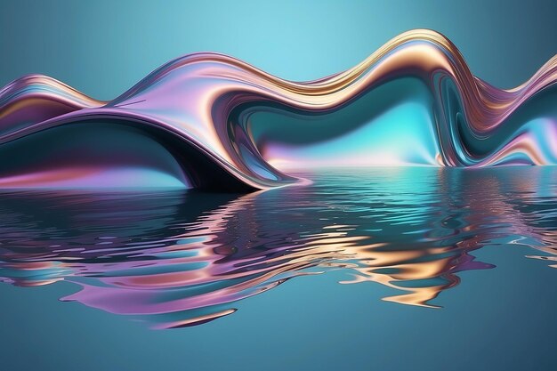 abstract 3d rendering wavy iridescent metallic shape above the water with reflection Modern unique wallpaper