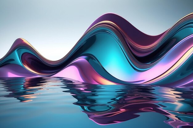 abstract 3d rendering wavy iridescent metallic shape above the water with reflection Modern unique wallpaper