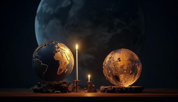 an abstract 3D representation of Earth and the Moon