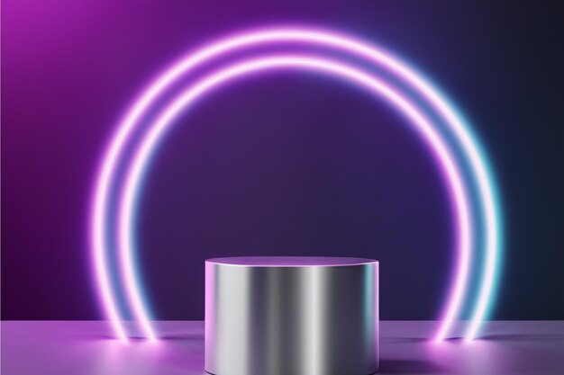 Abstract 3d silver cylinder pedestal podium on air with glowing neon ring background