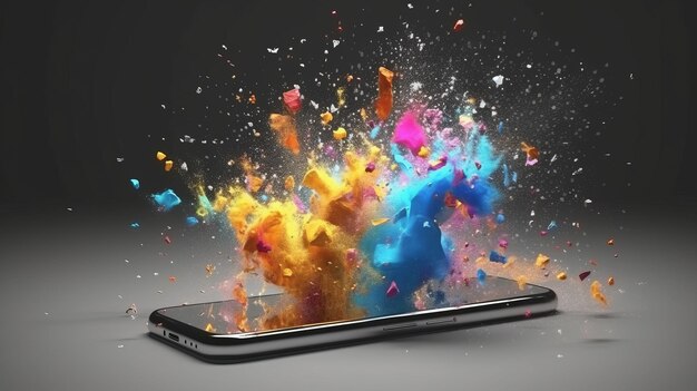 Abstract 3D smart phone mockup with paint explosion effect