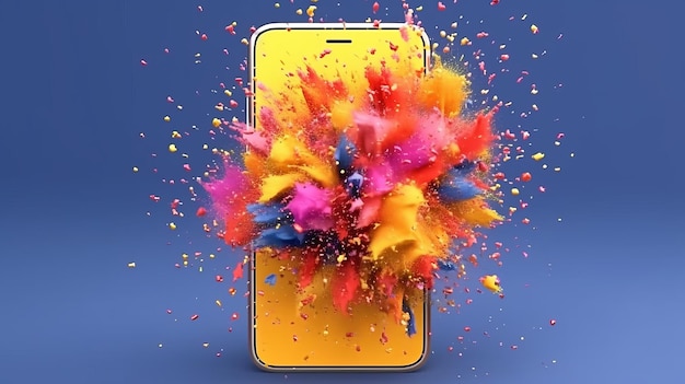 Foto modello astratto di smartphone 3d con effetto di esplosione di vernice
