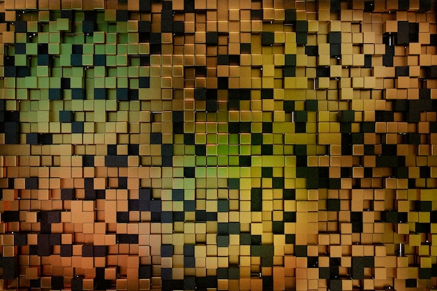 Abstract 3d square pixels template gold and black metal colors Redyellow and green light on surface