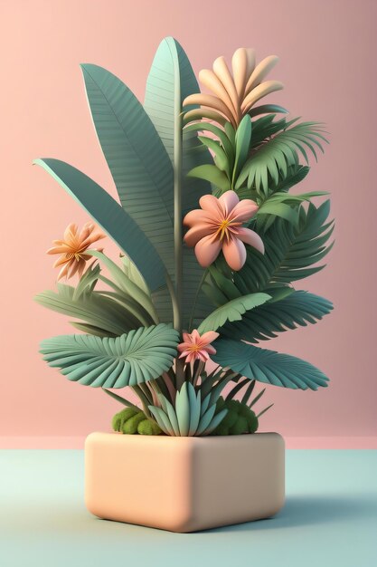 Photo abstract 3d tropical plant and flower in pastle color generative ai