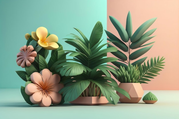 Photo abstract 3d tropical plant and flower in pastle color generative ai