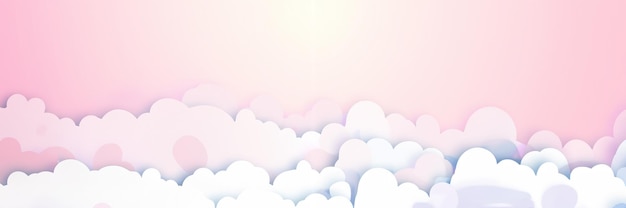 アブストラクト 3D 白い雲の細部 ピンクの空に紙切りイラスト 背景にコピースペース