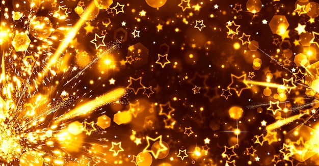 Фото Абстрактный праздничный новогодний фон с блеском золотых звезд и ярких фейерверков