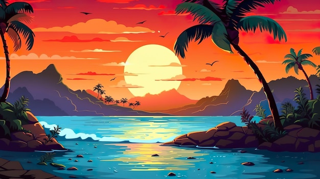 Abstract achtergrond tropisch eiland verleidelijk bannerontwerp met een geïllustreerd tropisch eiland