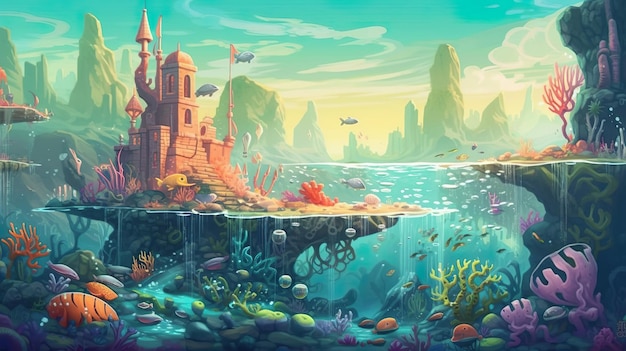 Abstract achtergrondkoninkrijk met zeemeerminnen onder de zee Een boeiende illustratie van een magisch onderwaterkoninkrijk bewoond door prachtige paleizen Generatieve AI