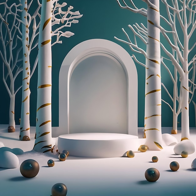 Abstract achtergrondpodiumplatform voor productpresentatie minimaal winters tafereel met witte boom en bladeren