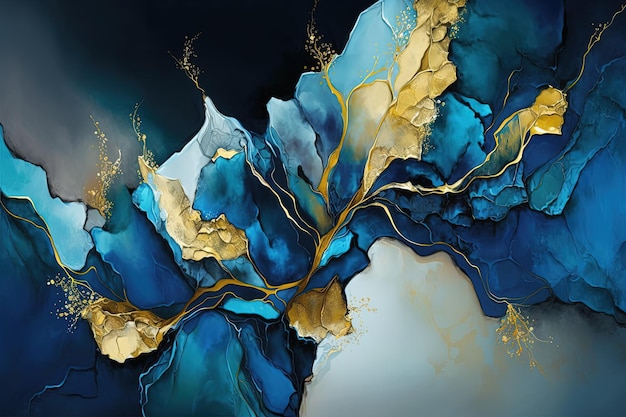 Абстрактные чернила acohol синий и золотой фон Ai создан